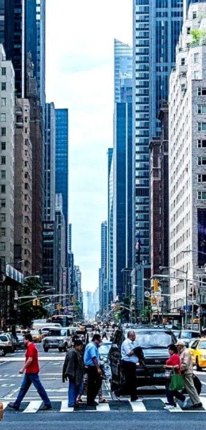 Bustling city street with skyscrapers and traffic in vibrant colors.