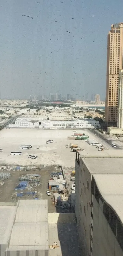 Urban cityscape view with tall buildings and open sky.