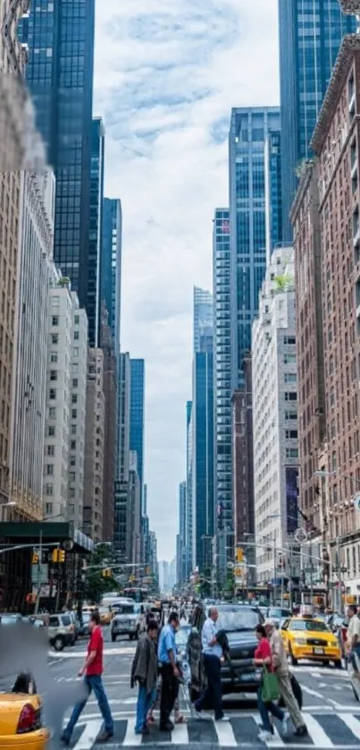 Urban city street view with skyscrapers and pedestrians.