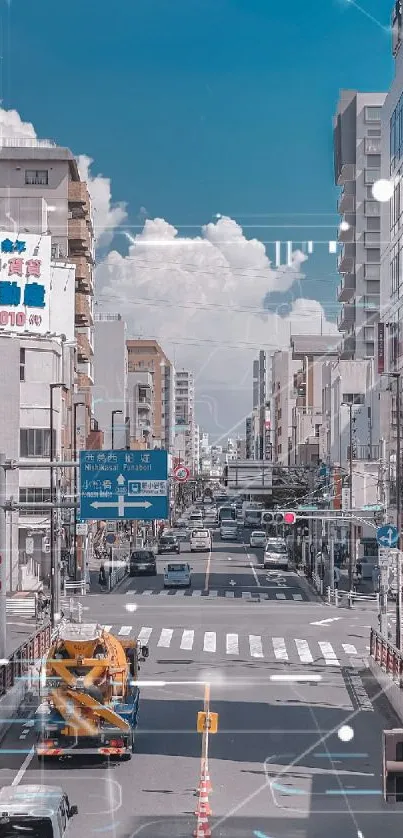 Urban cityscape with buildings and vehicles under a clear blue sky.