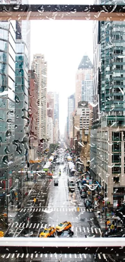 View of a bustling city street through a window, highlighting urban architecture.