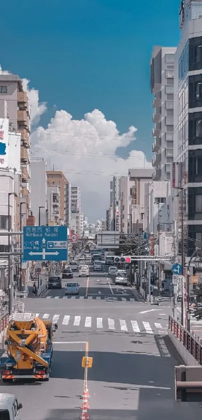 Urban cityscape with blue sky and modern buildings in daylight.