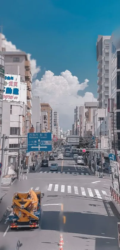 Urban city street with blue sky and modern buildings.