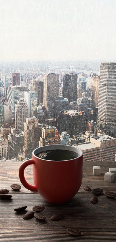 Coffee mug with city skyline view wallpaper.