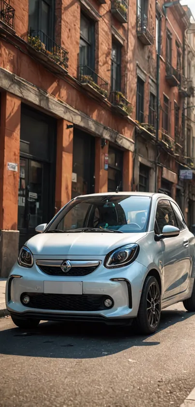 Sleek compact car on a bustling city street.