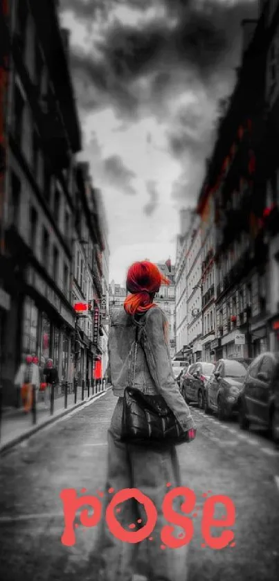 Urban street scene with red highlights and a focus on a red-haired figure.