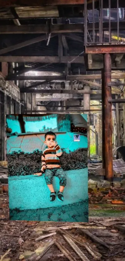 Child with teal background in an urban setting.