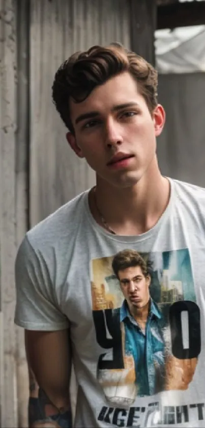 Stylish urban portrait of a young man in a graphic tee.