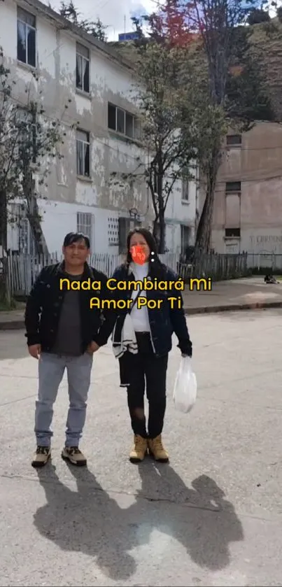 Couple walking down a city street with text overlay.