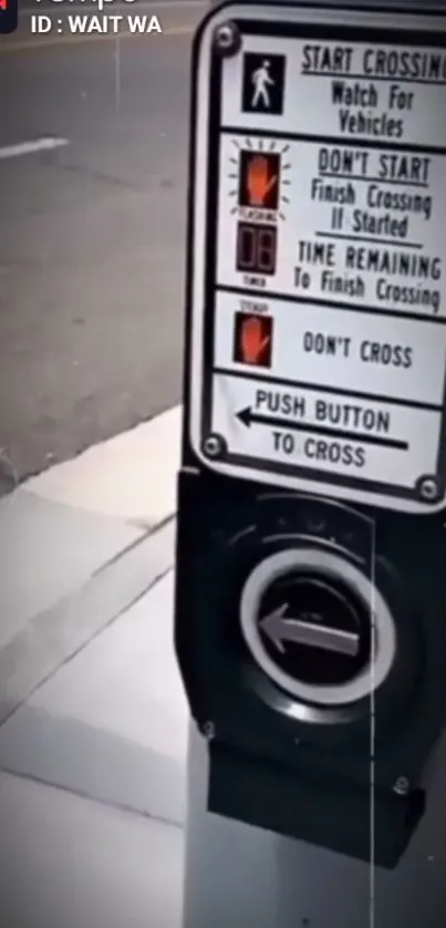 Close-up of a crosswalk button and traffic sign in an urban setting.