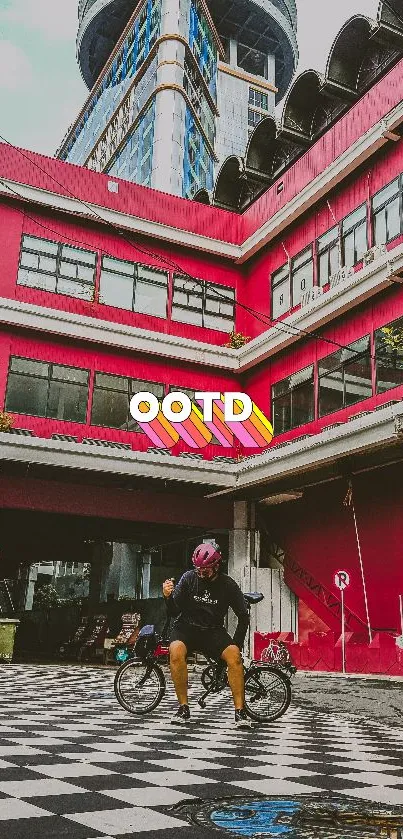 An urban cyclist in front of a vibrant red building with OOTD text.