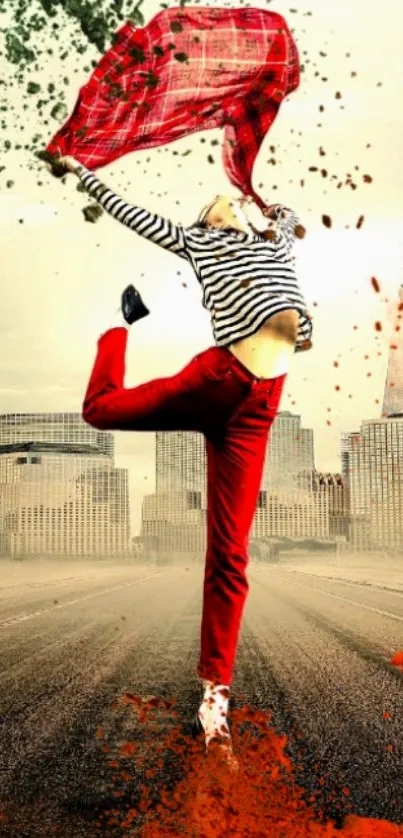 Woman dancing energetically on an urban road with a cityscape background.