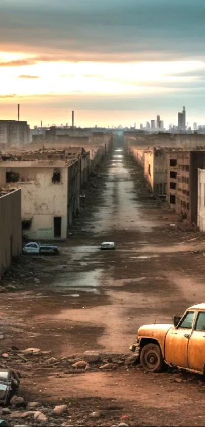 Abandoned urban cityscape at sunset with empty road and old car.