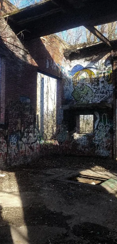 Abandoned building with graffiti under soft natural light, creating an urban decay aesthetic.