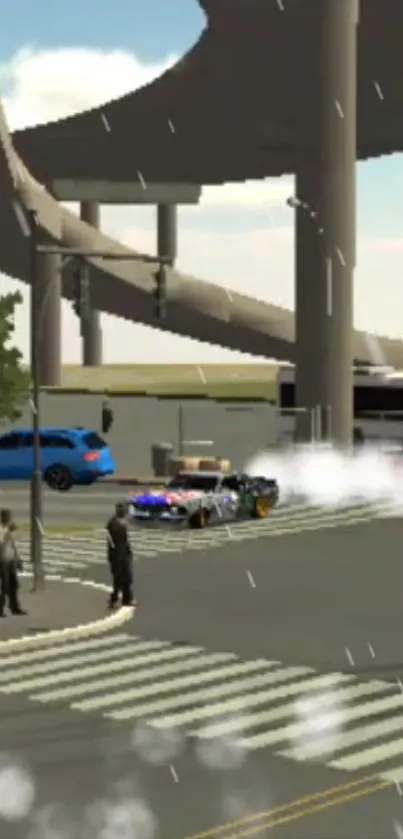 Dynamic urban drift racing scene with cars and modern architecture.