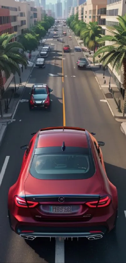 Red car driving through a palm-lined urban street.