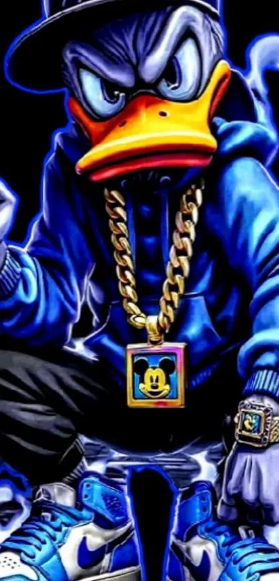 Edgy urban duck character in blue hoodie, gold chain.