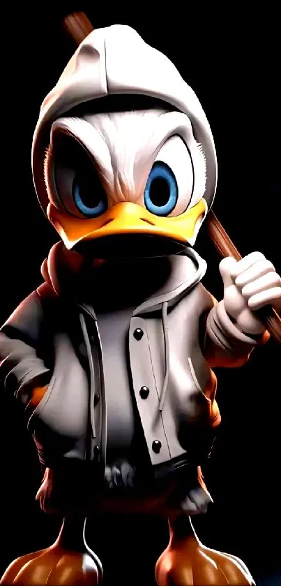 Animated urban duck character in a hoodie on a black background.