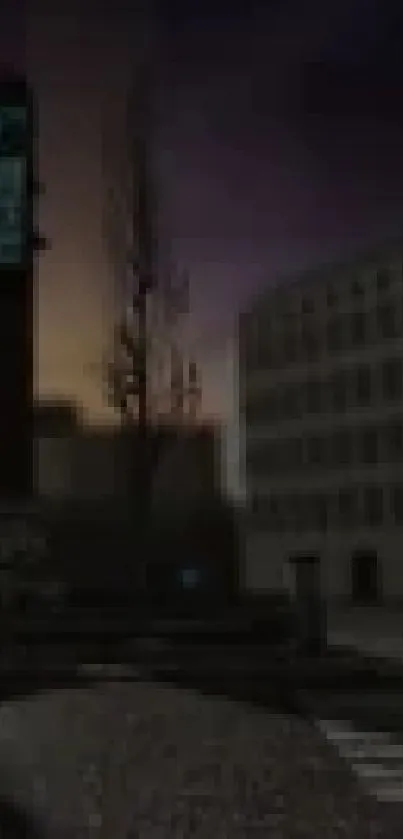 Dark urban cityscape at dusk with silhouettes.