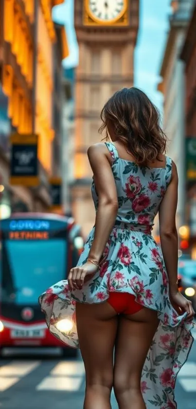 Woman in floral dress walks in vibrant cityscape.