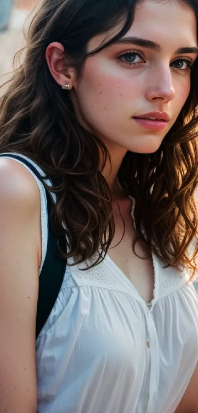 Woman in white dress on an urban street, captured in soft sunlight.