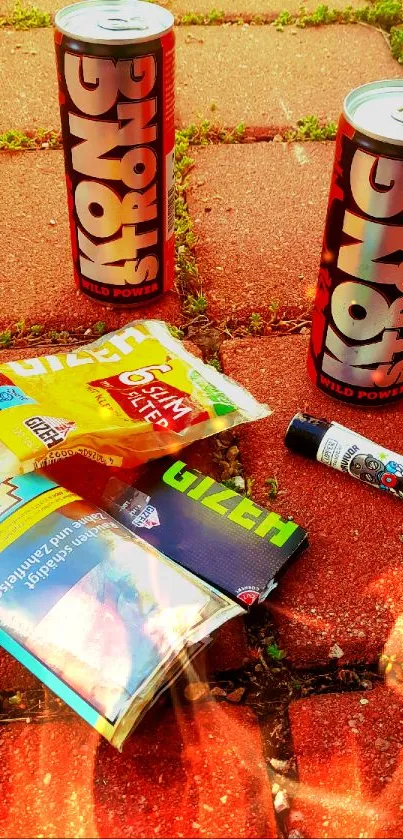 Vibrant urban scene with energy drinks on a brick wall background.