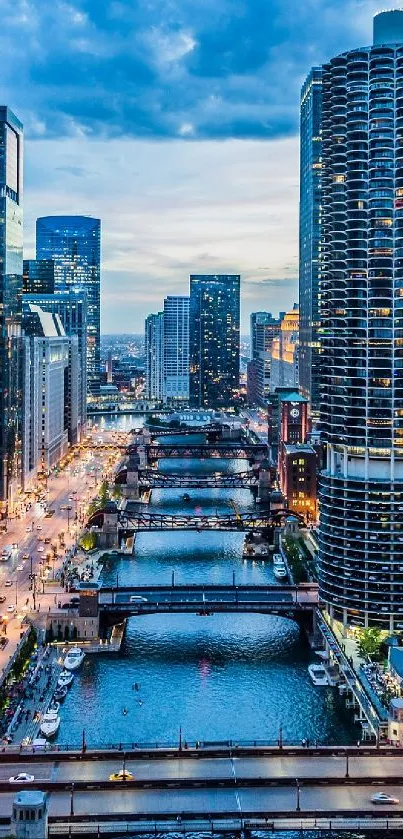 Evening cityscape with illuminated skyscrapers and river view.