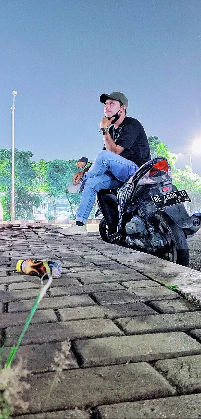 Urban evening scene with motorbike and thoughtful person.