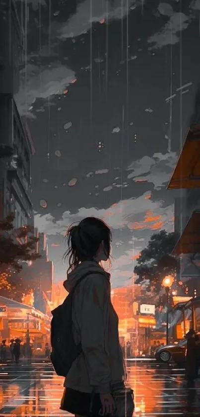 Silhouette of a girl in a rainy, illuminated city street.