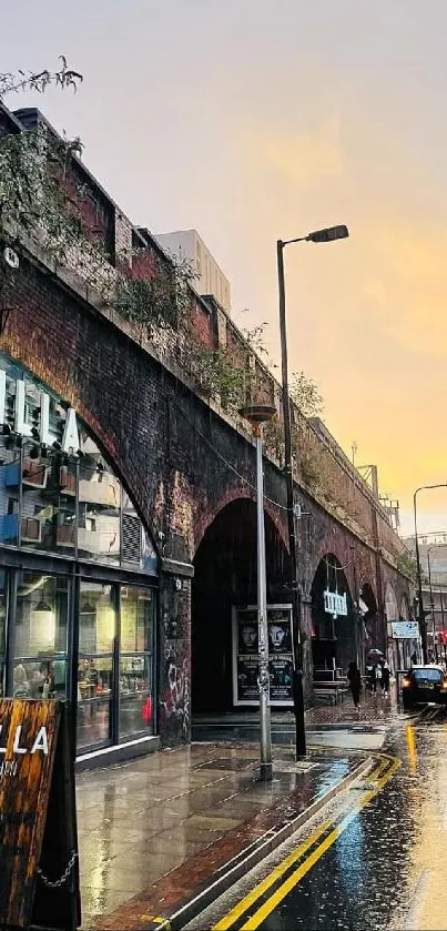 Urban street scene at dusk with wet reflections and city architecture.