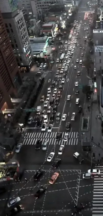 Bustling city street view with evening lights.