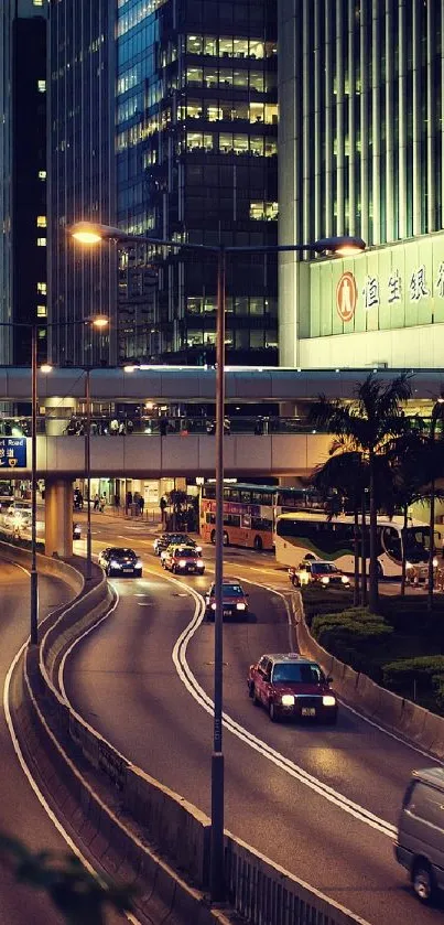 Evening view of a busy urban street with city lights and traffic.