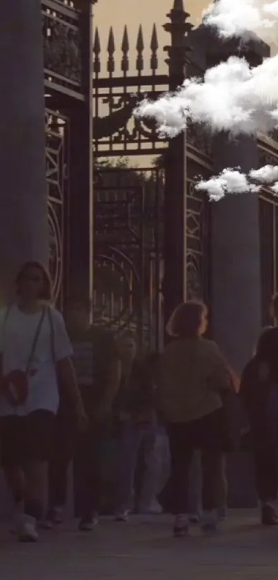 Urban scene with people, gates, and surreal clouds.