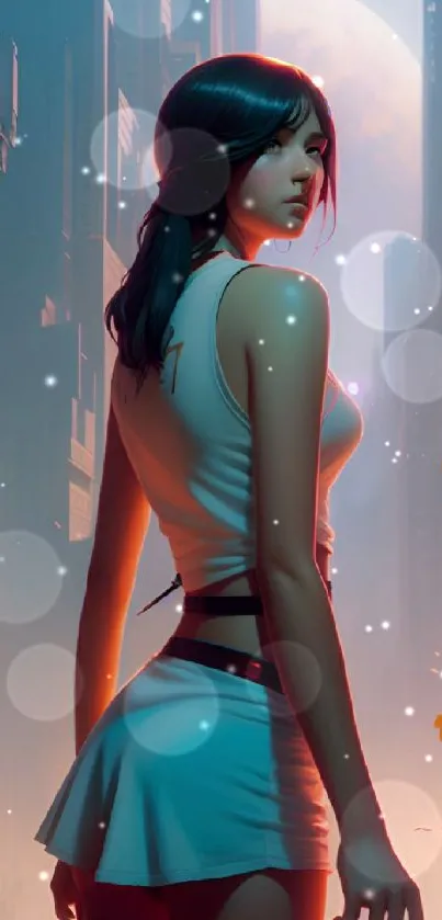 Futuristic urban fantasy wallpaper with woman in night cityscape.