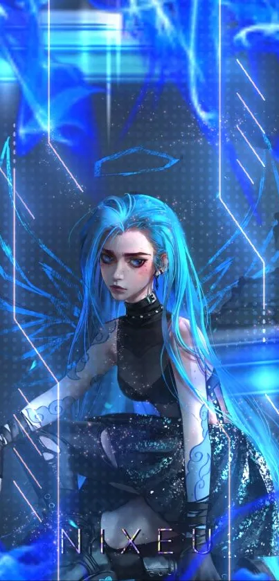 Fantasy art with character in blue with wings, set in an urban style.