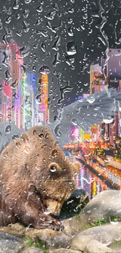 Surreal winged bear on urban neon city backdrop.