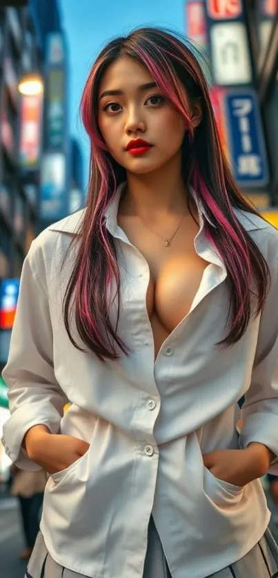 Fashionable person in urban street at night.