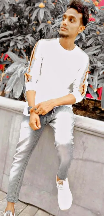 Man in casual outfit leaning on a wall with vibrant artistic background.