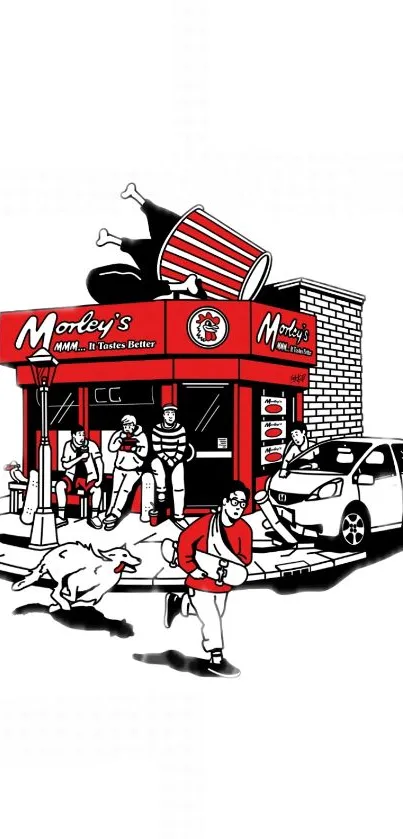 Illustration of a colorful urban fast food scene with vivid red accents.