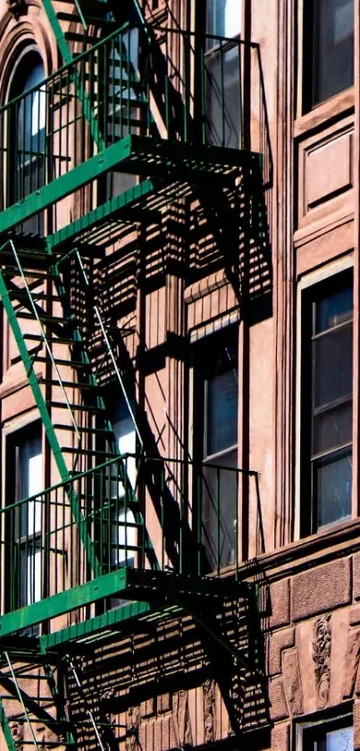 Urban building with green fire escape stairs.