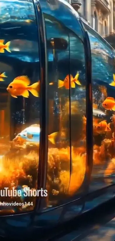 Orange fish swim in a street aquarium.
