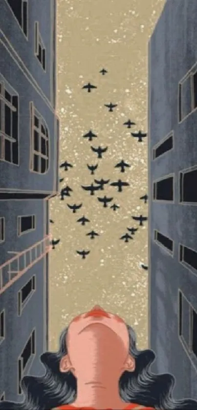 Woman looks at birds flying in urban cityscape wallpaper.