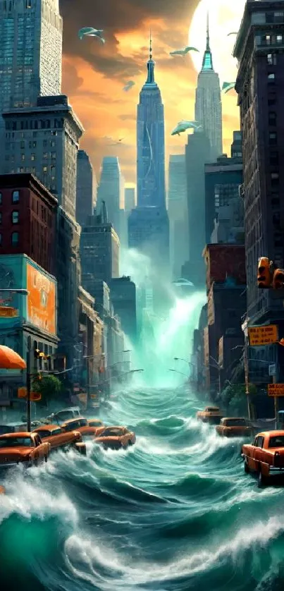 Dynamic urban city with waves crashing through buildings against an orange sky.