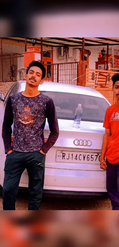 Two friends leaning against an Audi car.