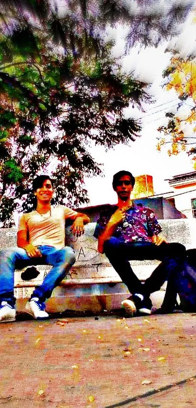 Friends sitting on a park bench under colorful sunset.