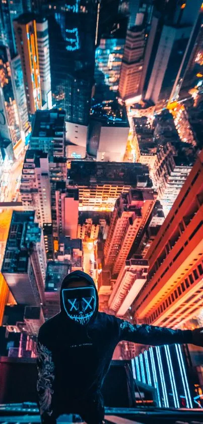 Futuristic cityscape with neon lights viewed from above.