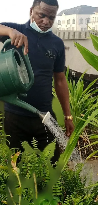 Person watering plants on a rooftop garden, embracing urban greenery.