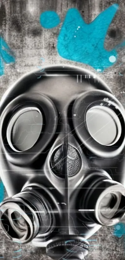 Gas mask on grunge graffiti wallpaper with blue splashes.