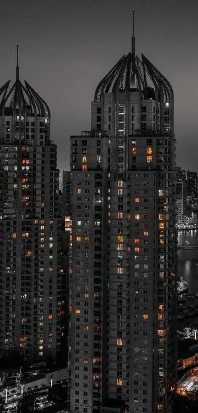 Night cityscape with lit skyscrapers in monochrome tones.