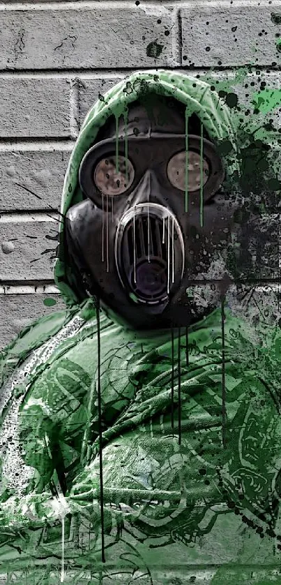 Graffiti art featuring a gas mask figure on a brick wall background.